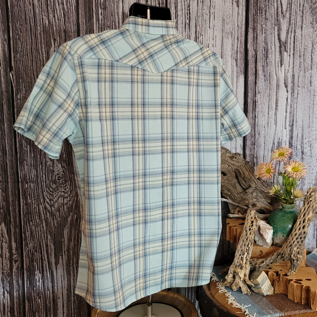 A light blue plaid shirt with short sleeves.