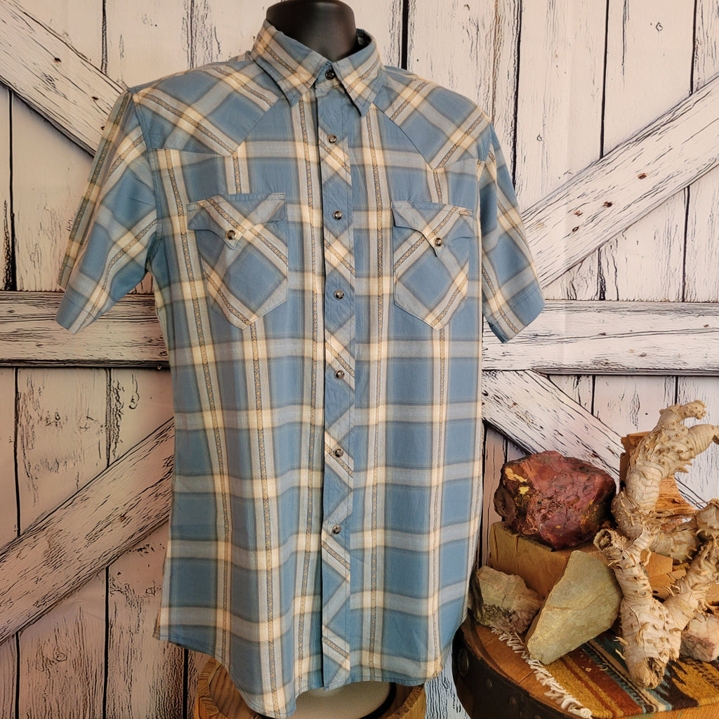 Blue and white plaid shirt with snap front buttons.