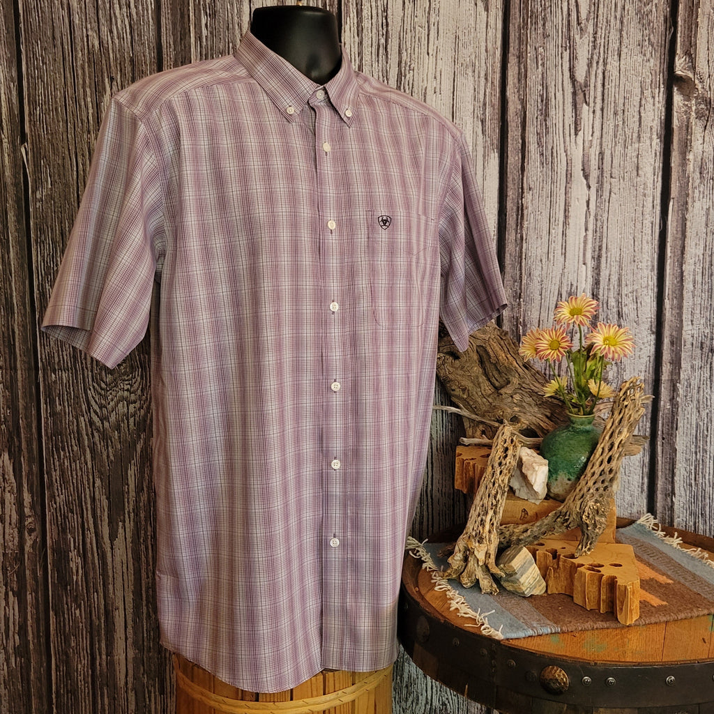 Purple plaid striped button down with embroidered Ariat logo.