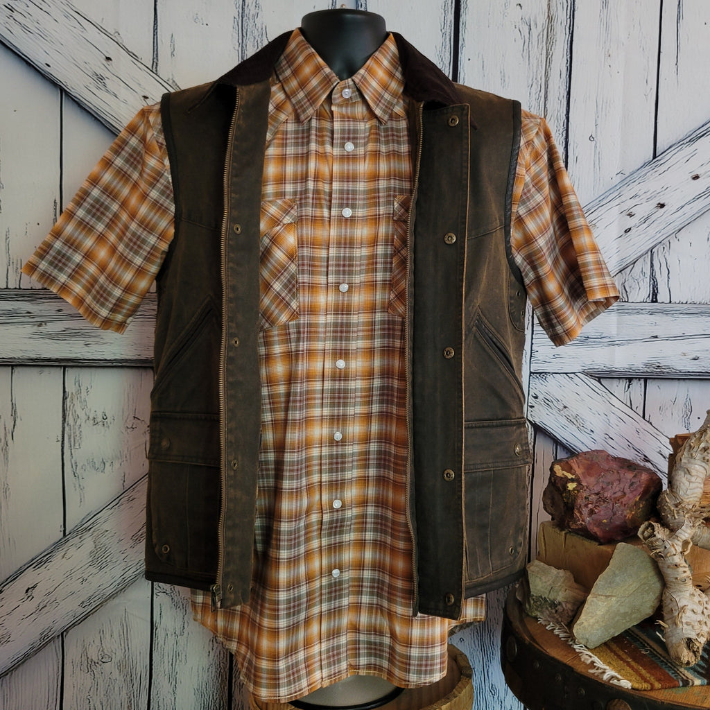 Brown ranch vest with corduroy collar and snap closures.