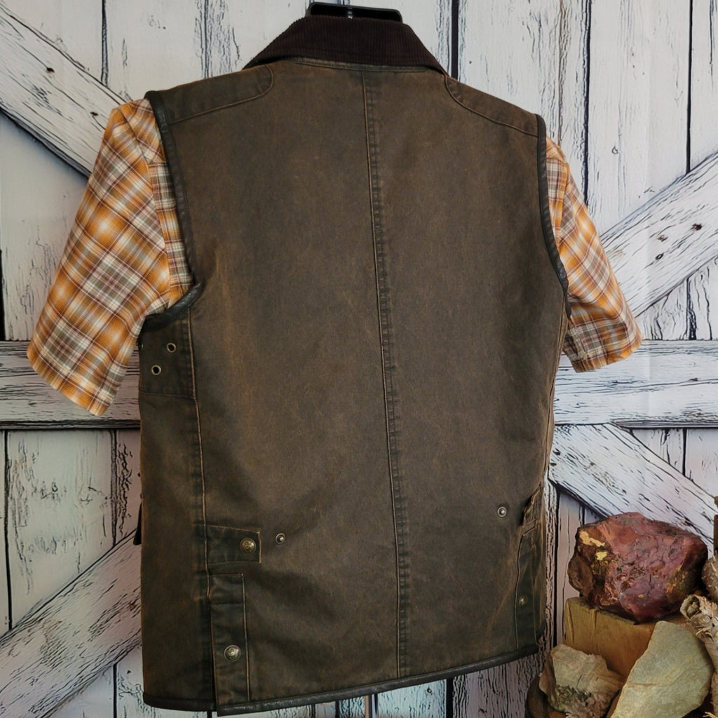 The back of an brown ranch vest, showing a tailored fit.