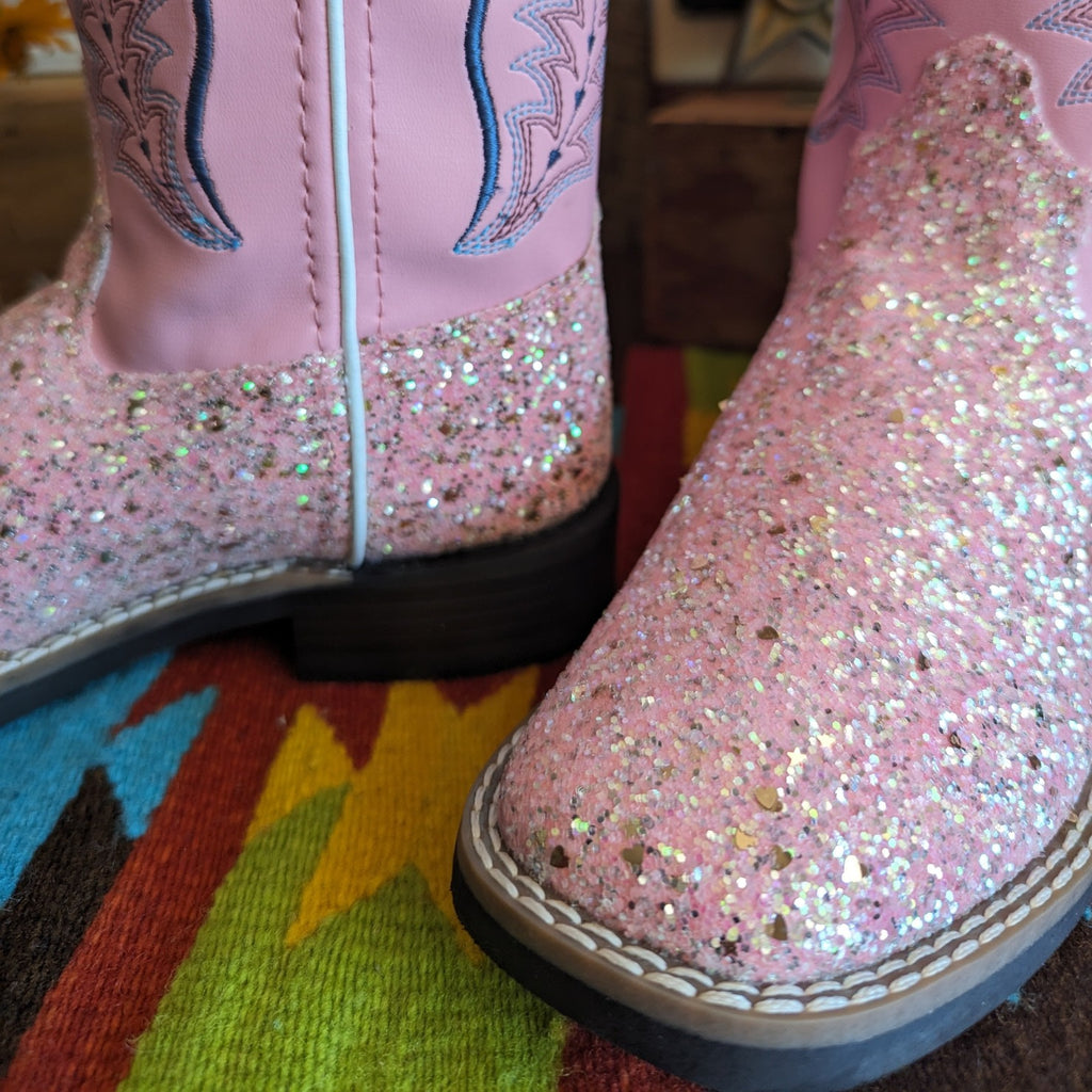 Grade School Kids Boots "Pink Glitter" by Old West  VB9185 toe view