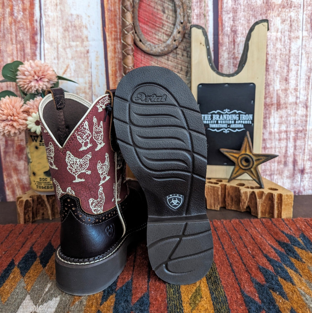 women's fatbaby heritage farrah boots by ariat dark brown with burgundy shaft decorated with chickens