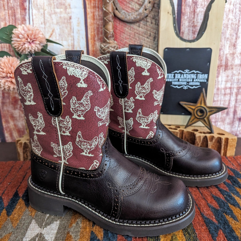 women's fatbaby heritage farrah boots by ariat dark brown with burgundy shaft decorated with chickens