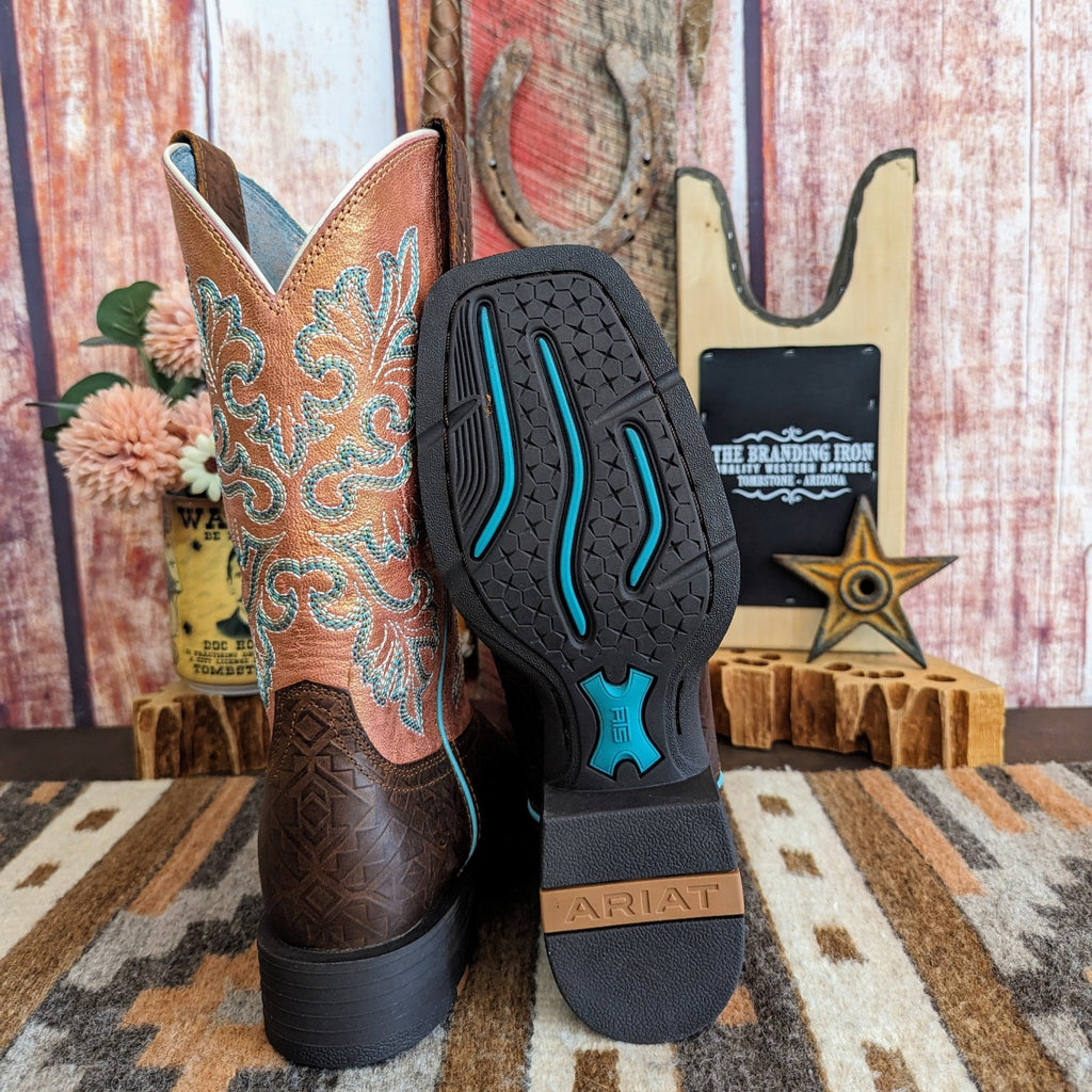 women's leather round up boot by ariat 10047039 brown with peach colored shaft and turquoise stitching