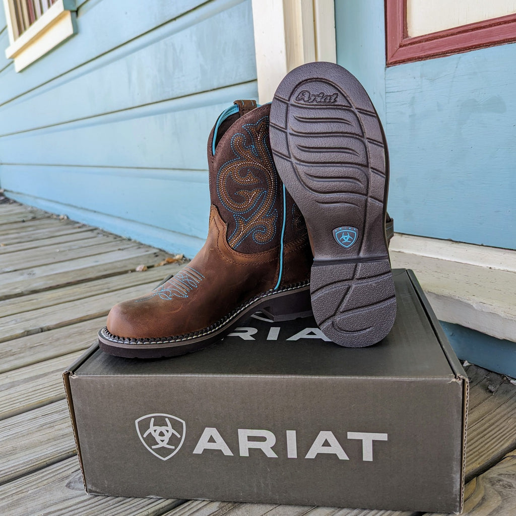 women's fatbaby heritage boots by ariat 100021462 brown boots with turquoise piping and turquoise and yellow stitching