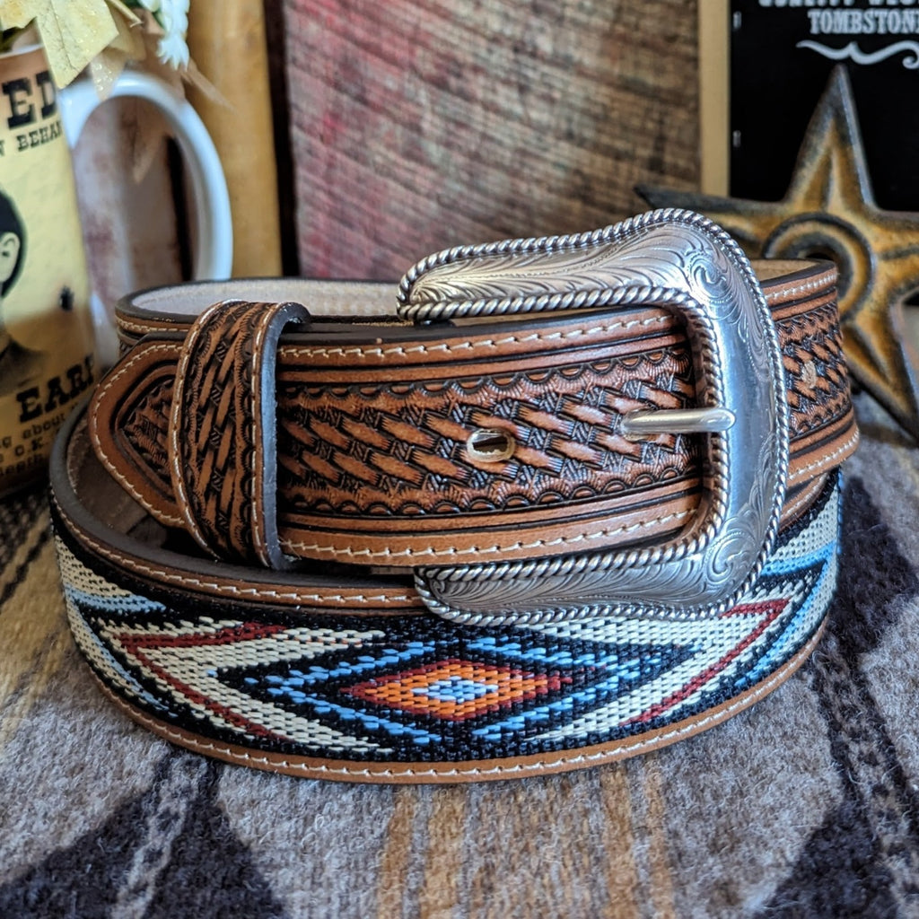 Leather Belt with Decorative Embroidery Pattern "Bryce" Front View