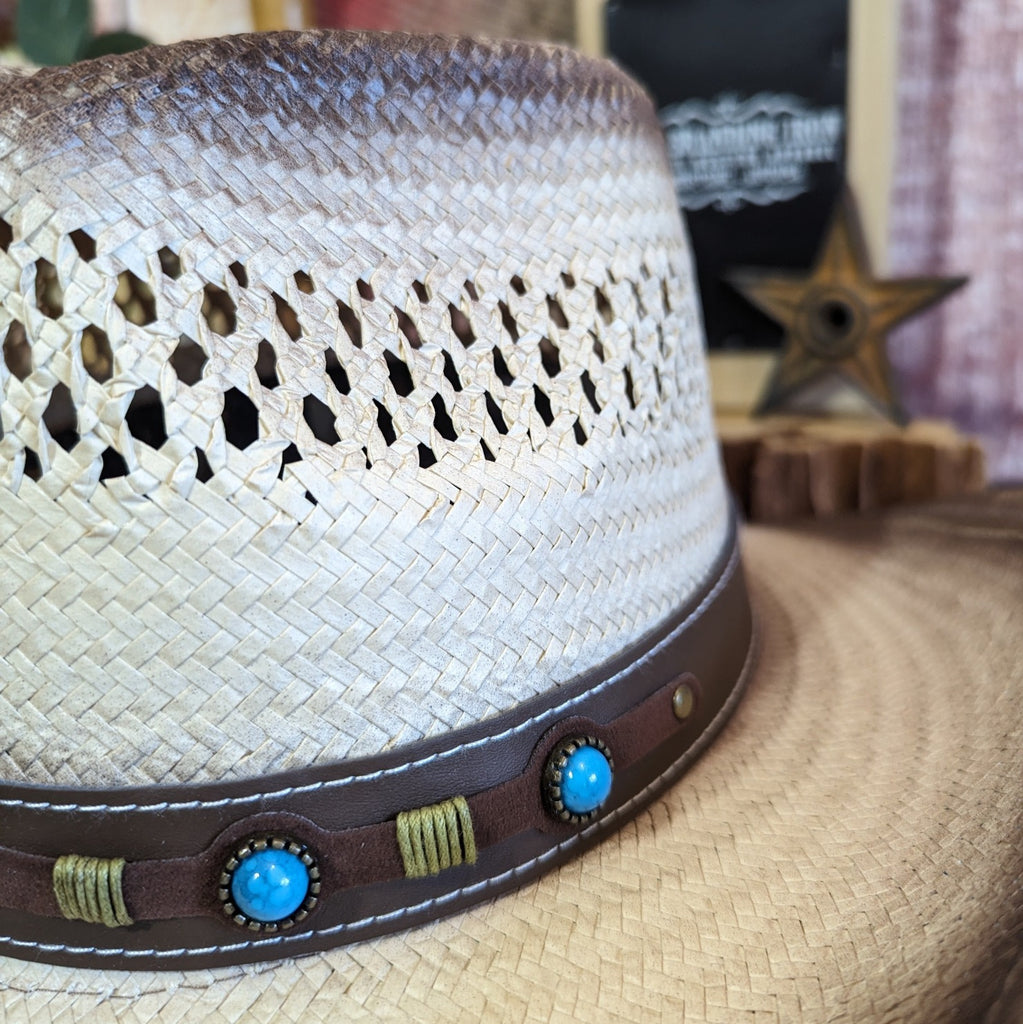 Straw Hat "Tea Stain Western Turquoise"  by Florida Hat Company   CH20-2288 detail view
