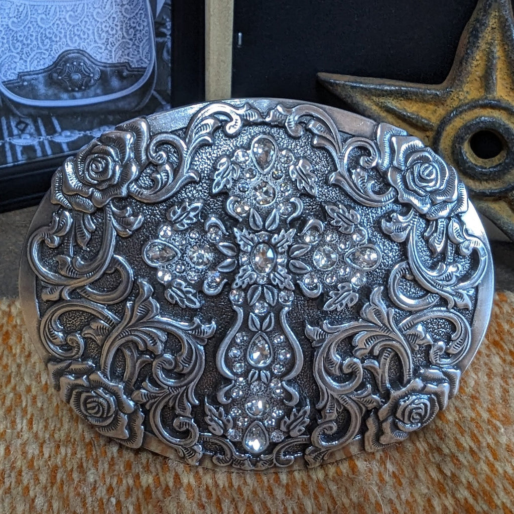 Belt Buckle the "Tooled Cross & Roses" by Blazin Roxx 37108 Front View