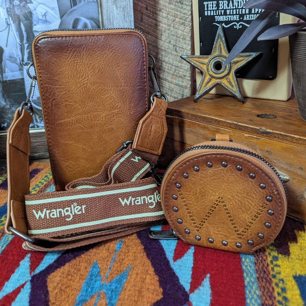 Wrangler Crossbody Cell Phone Purse with Coin Bag by Montana West Brown Back View