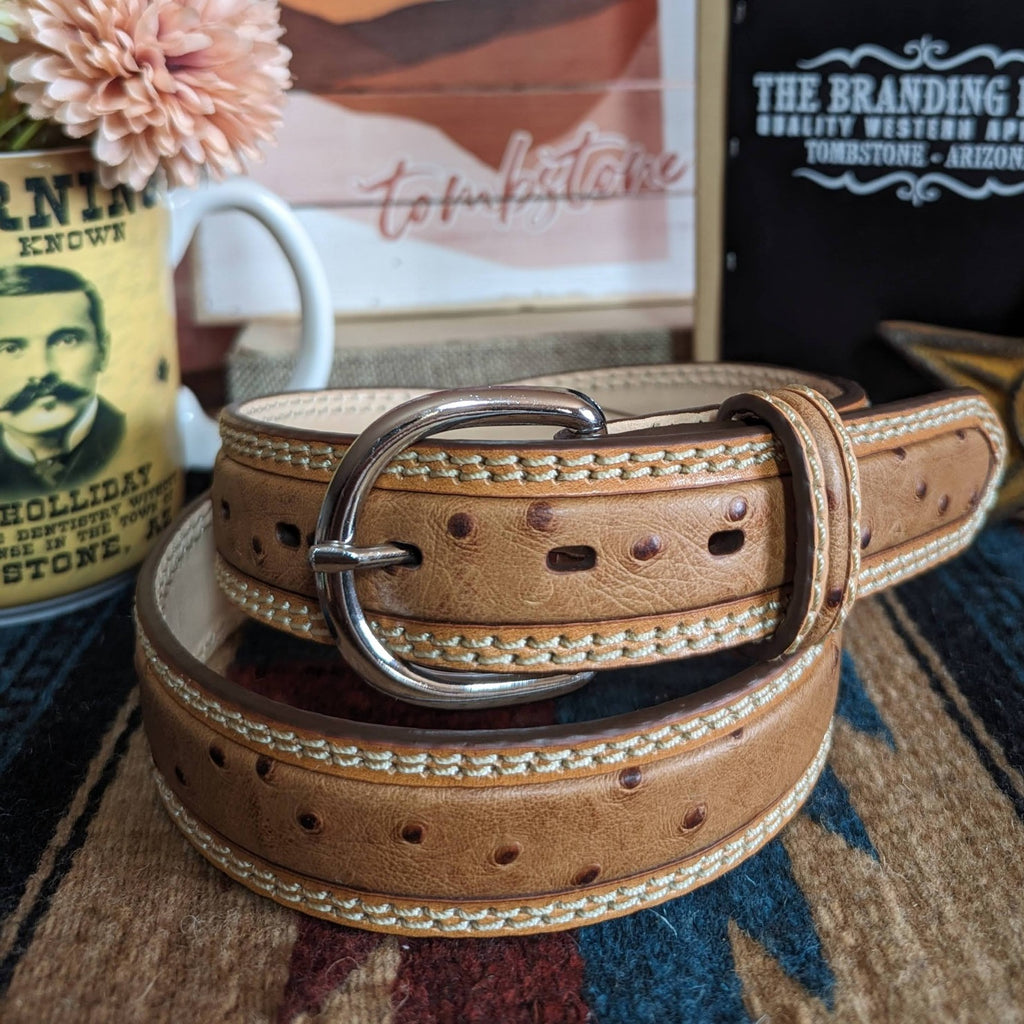 Brown Ostrich Print Leather Belt by Tony Lama  9347L front view