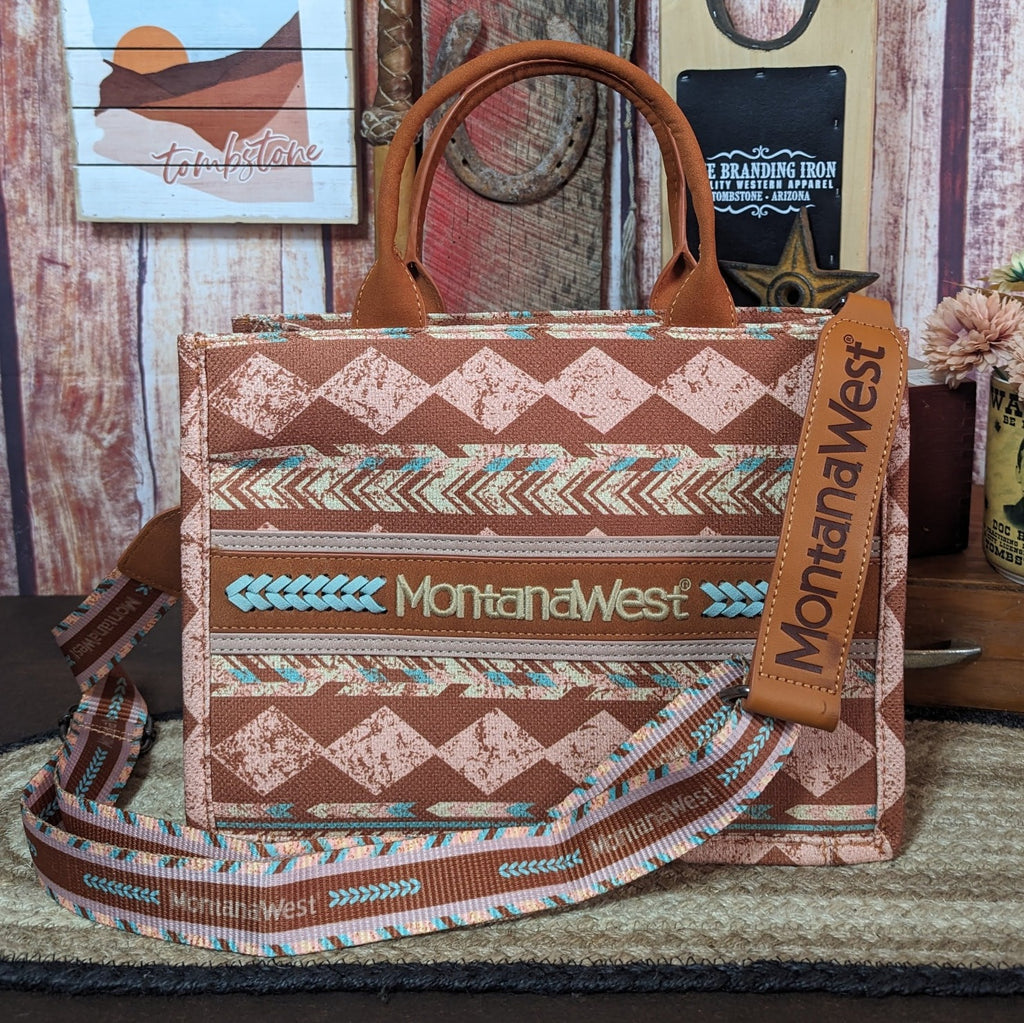 Boho Print Concealed Carry Tote Crossbody by Montana West Brown Front View