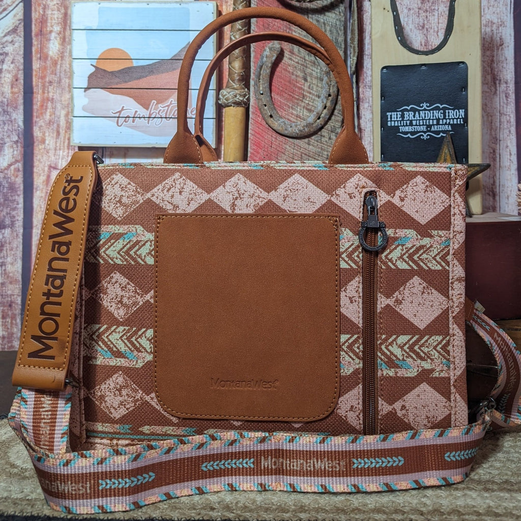 Boho Print Concealed Carry Tote Crossbody by Montana West Brown Back View