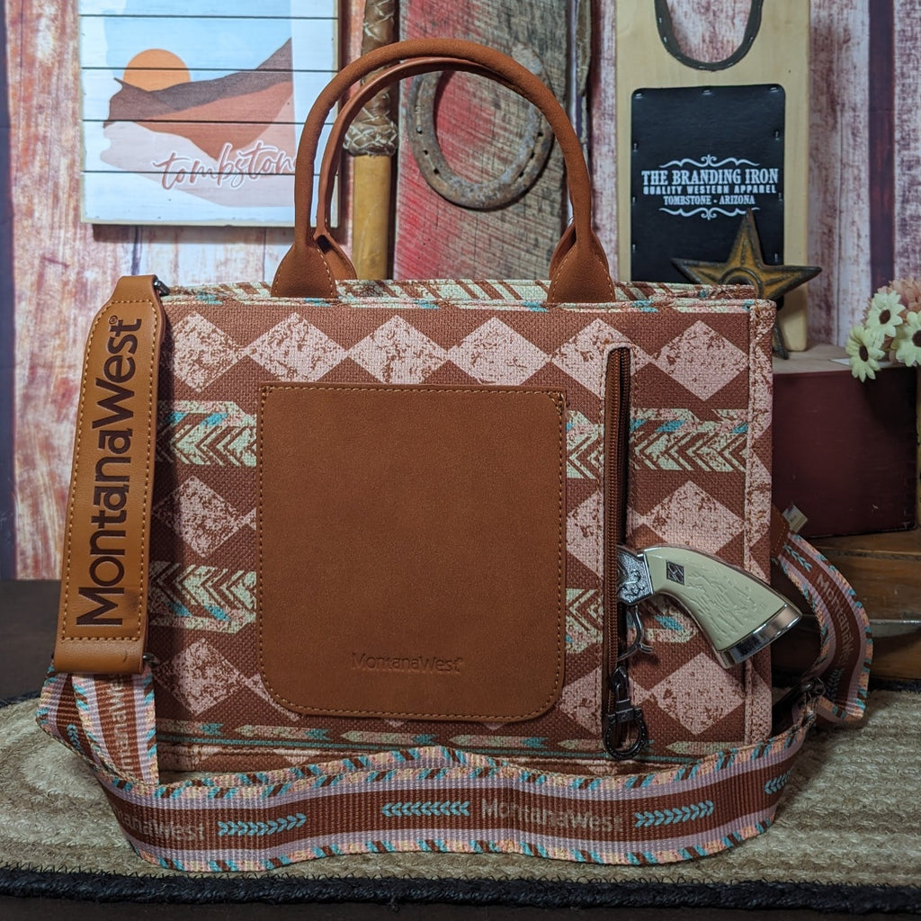 Boho Print Concealed Carry Tote Crossbody by Montana West Brown Back View with Concealed Carry Preview 