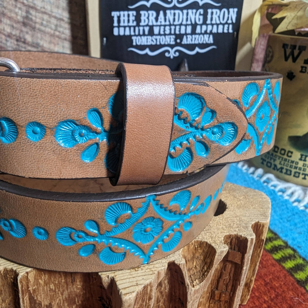Kids' Turquoise Tooled Leather Belt "Hope" by Justin   C30220 side view