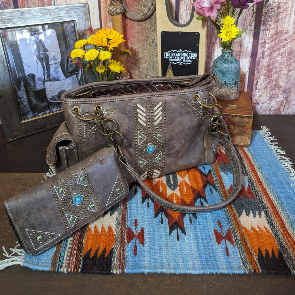 Aztec Collection Concealed Carry Satchel and Wallet Set by Montana West  MW856G-8085 Front View with Matching Wallet
