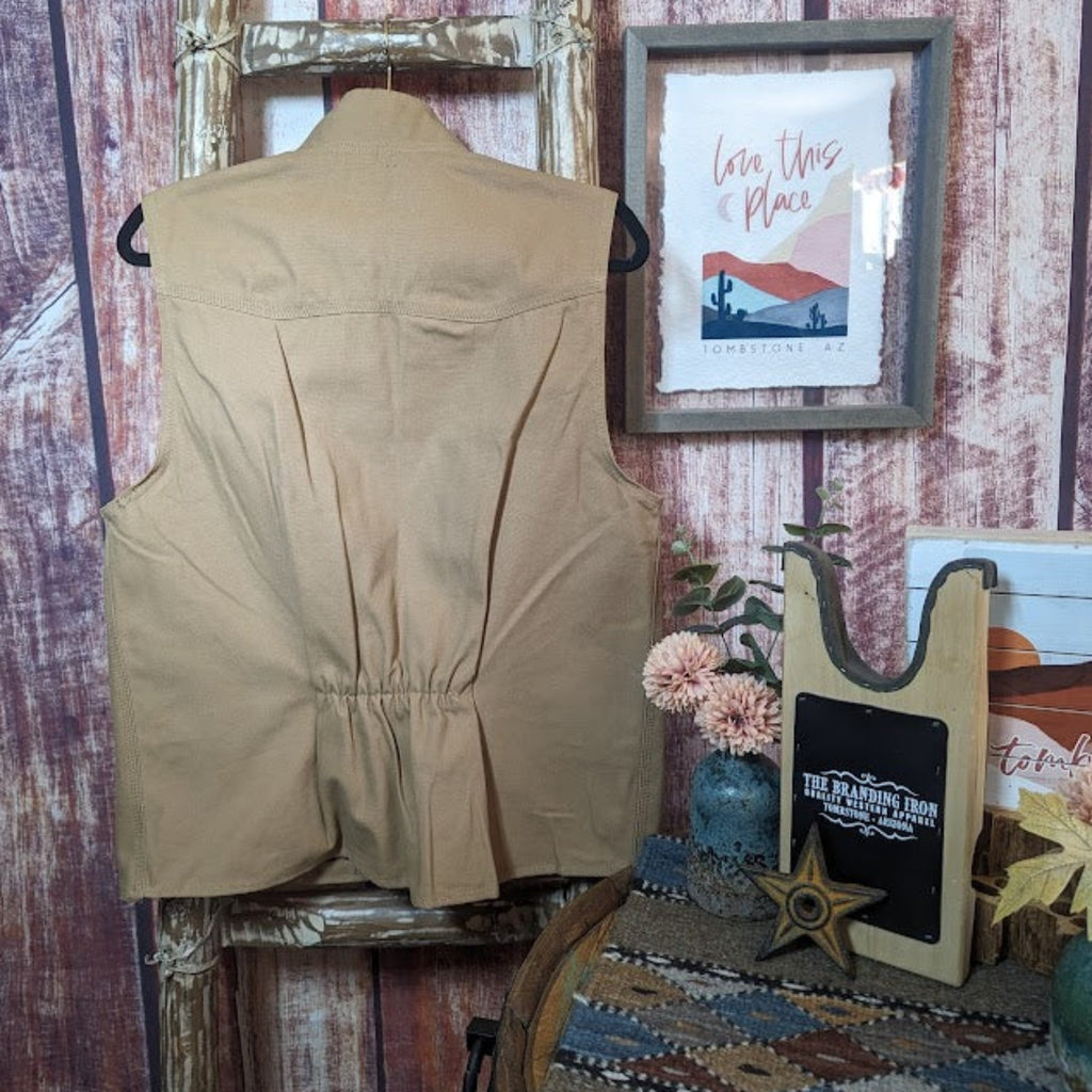 Women’s Conceal Carry Vest the "Calamity" by Wyoming Traders Back View Tan