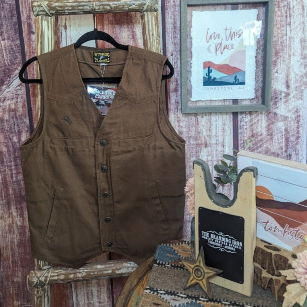 Conceal Carry Vest, the "Texas" by Wyoming Traders Front View Brown
