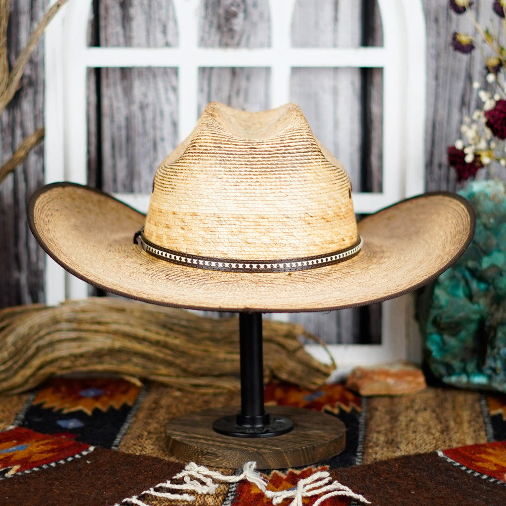The back of the hat showcases its wide brim and thin band.