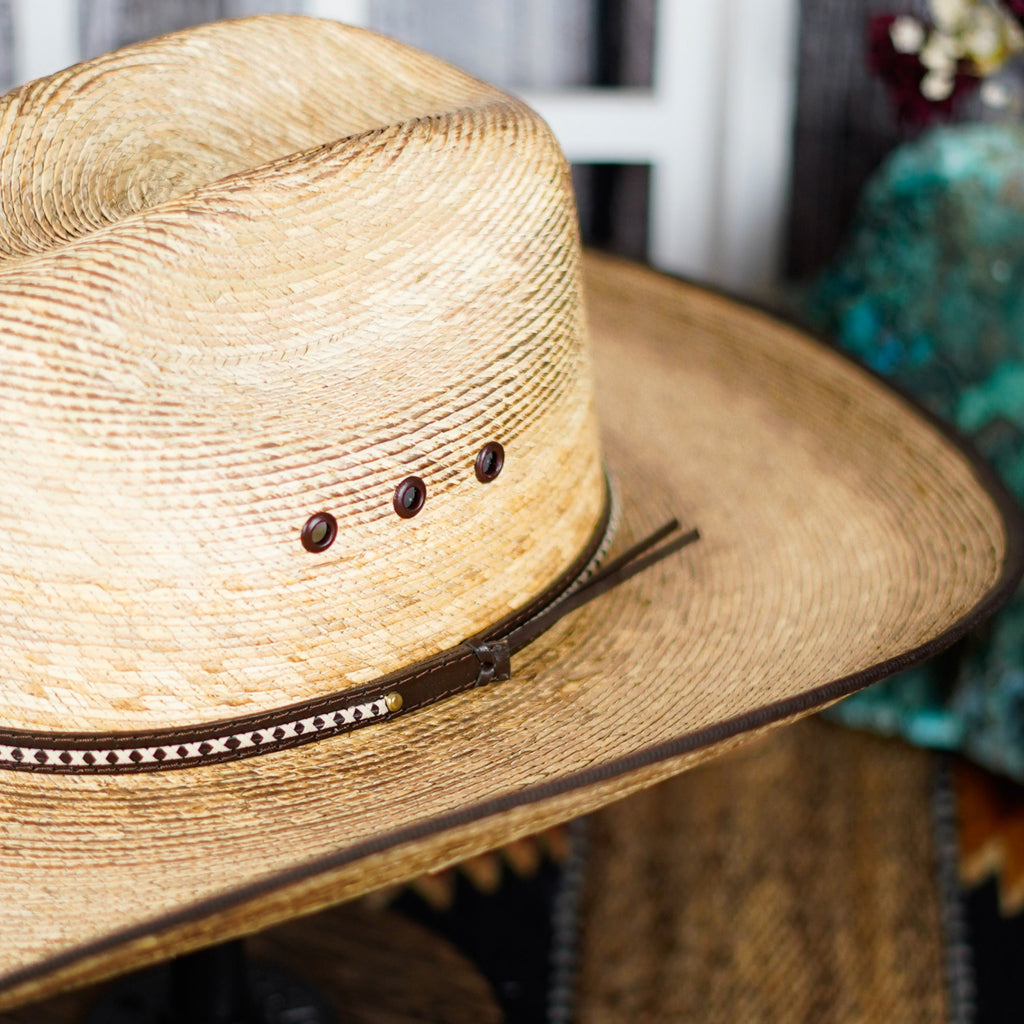 A close up view of the hat band with intricate stitching.
