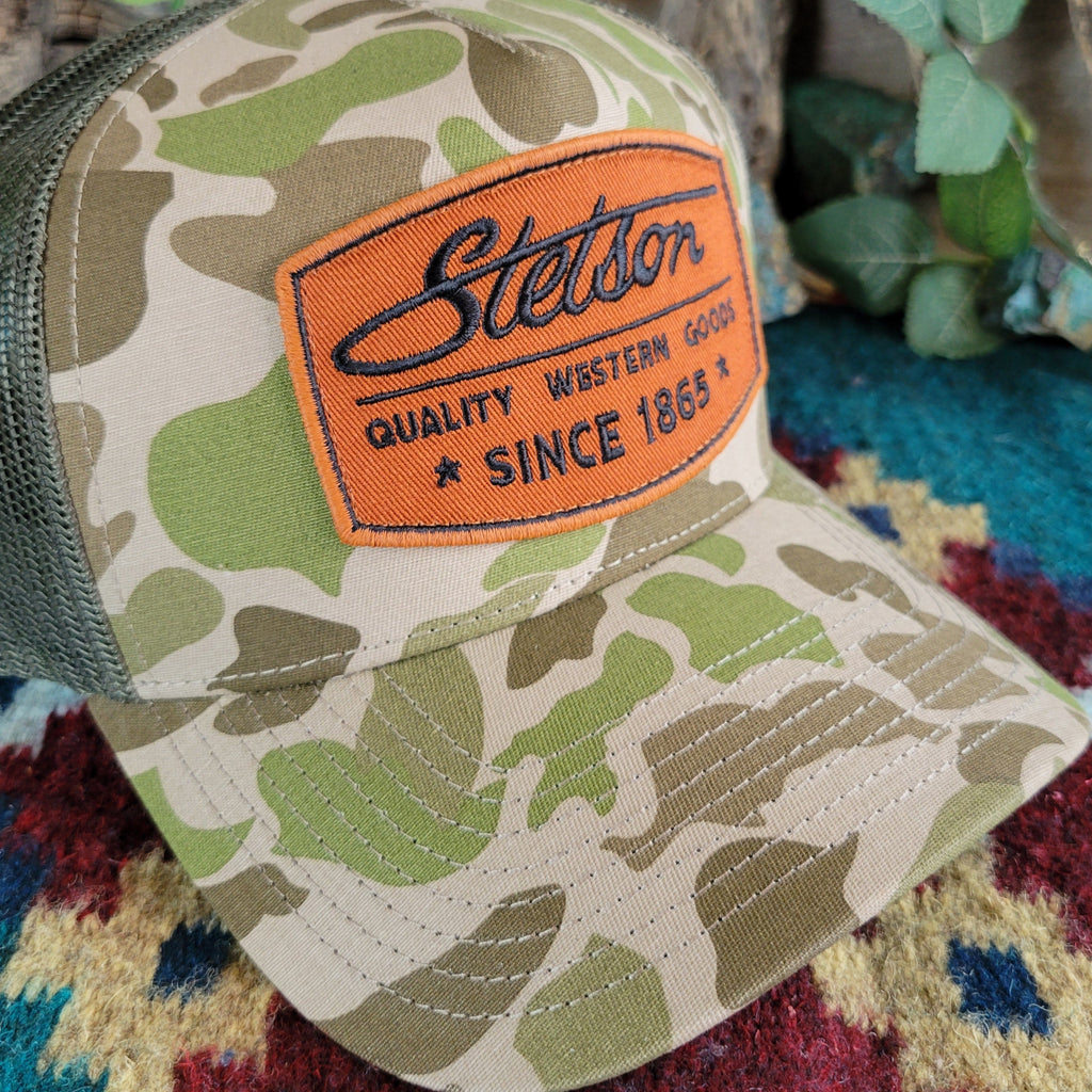 A close-up view of the stetson patch on the front.