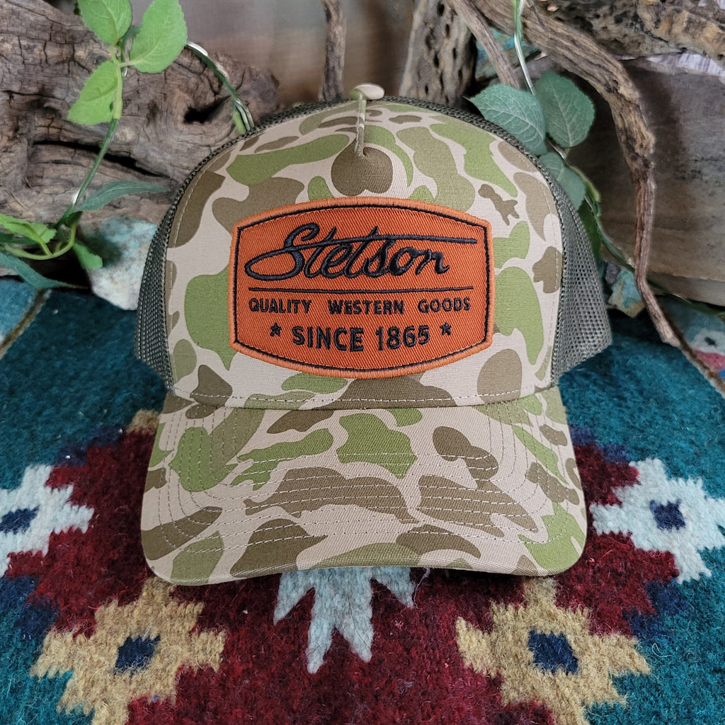 Camouflage print trucker cap with Stetson patch on the front.