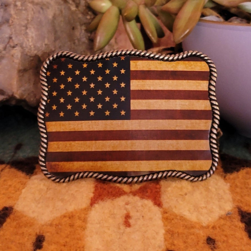 Rectangle Belt Buckle "Aged American Flag" by Nocona 37040 Front View