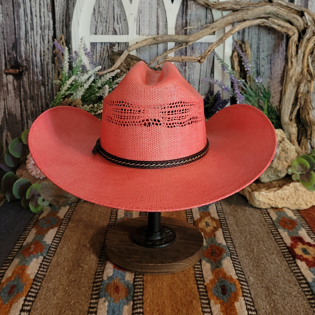 Coral hat with a multi-tone band.