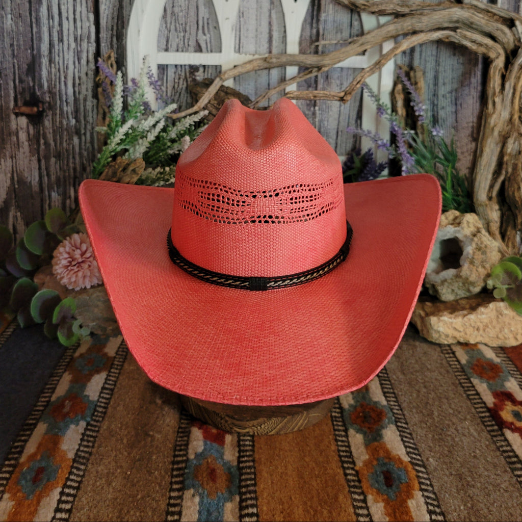Coral hat with a multi-tone band.