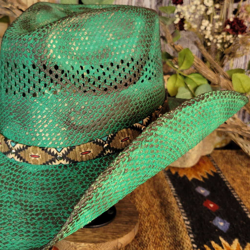 Close-up of the straw hat's weave and band.