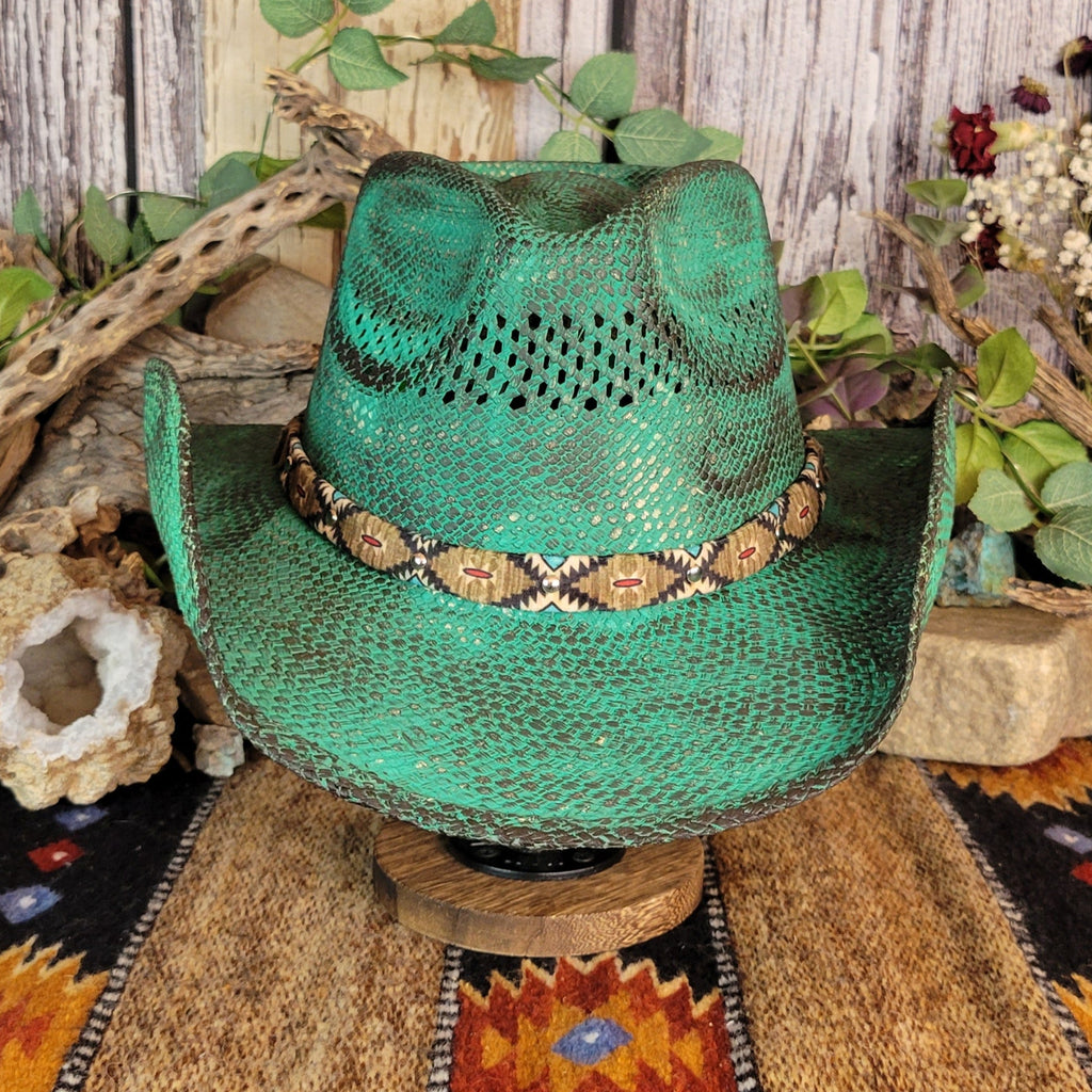 Teal straw hat with a woven texture, accented by a imitation snake skin band.