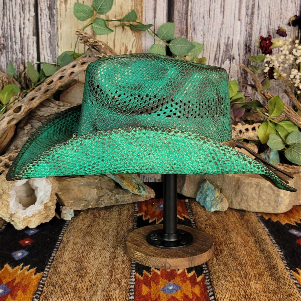 Rustic teal straw hat colors on the side.