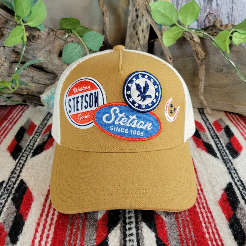 Three patch Stetson trucker cap in mustard yellow.