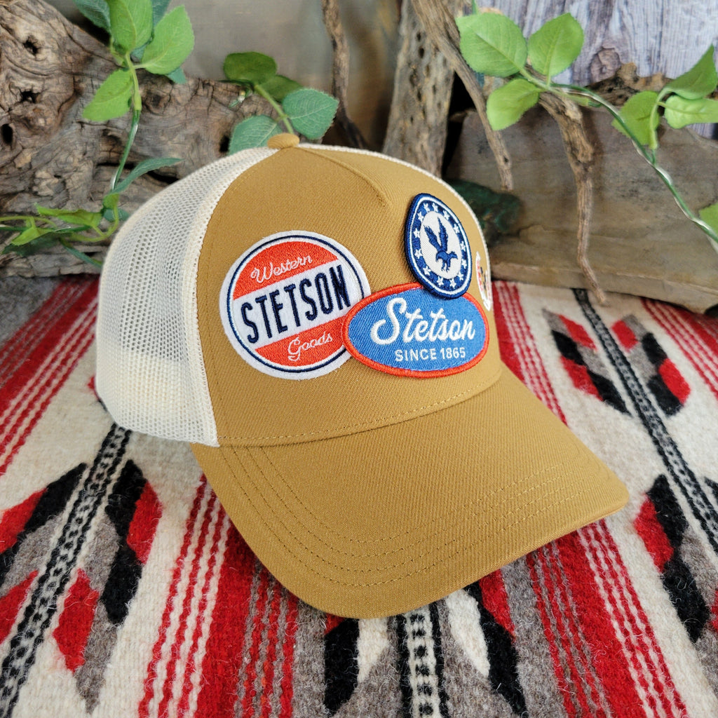Three patch Stetson trucker cap in mustard yellow.
