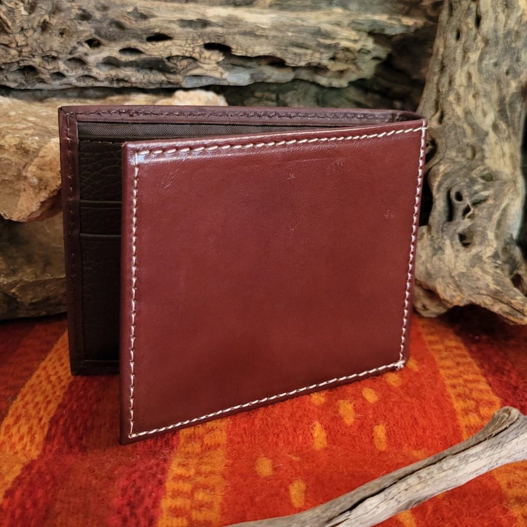 Smooth brown leather backing of the wallet.