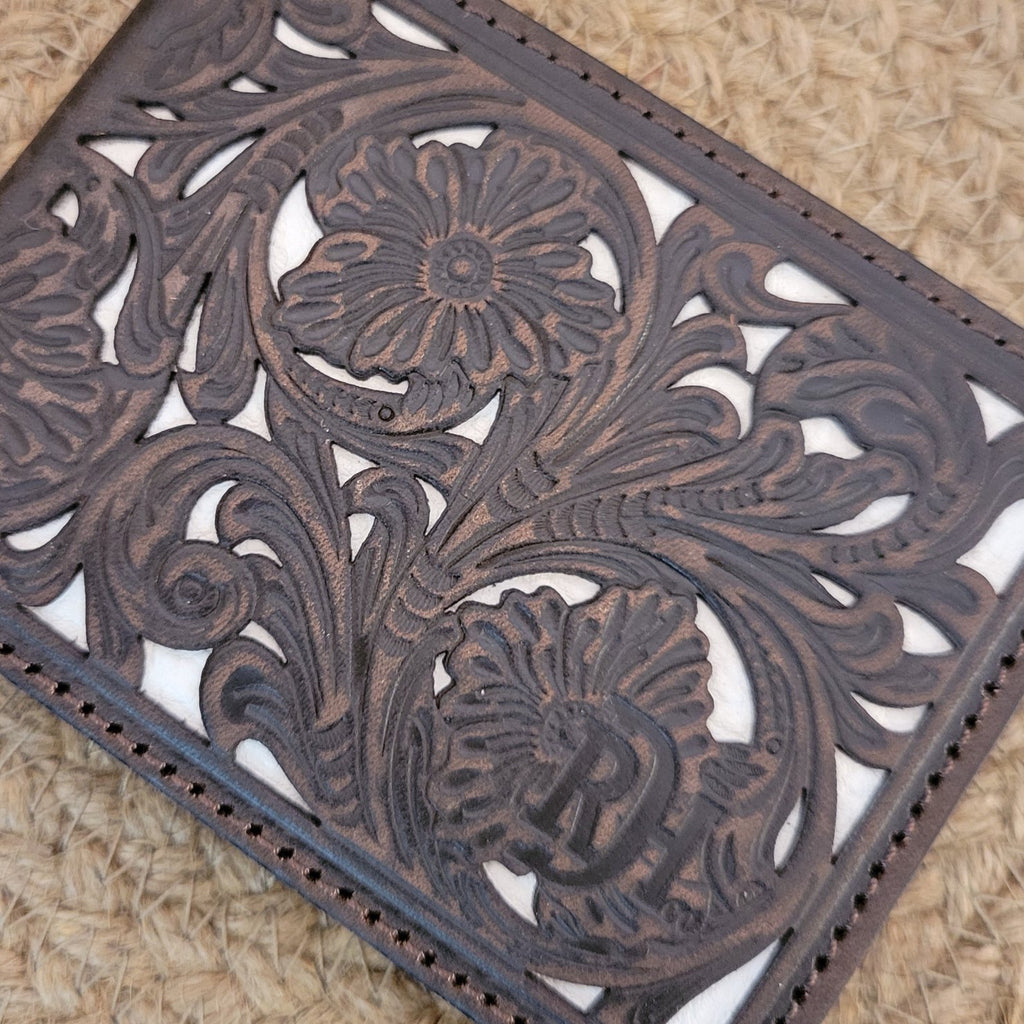 Trifold Wallet in Dark Brown with Ivory overlay by Red Dirt Hat.  23111881W1 Detailed View