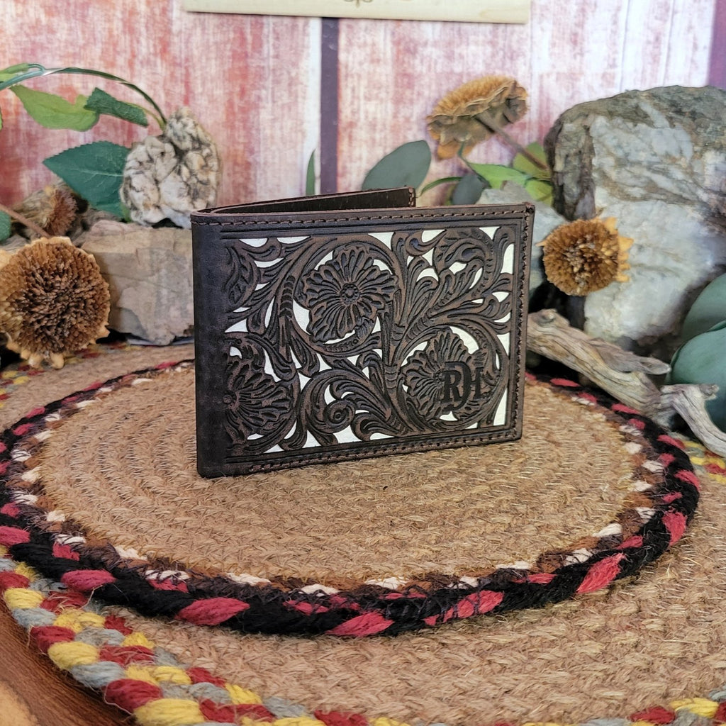 Trifold Wallet in Dark Brown with Ivory overlay by Red Dirt Hat.  23111881W1 Front View2