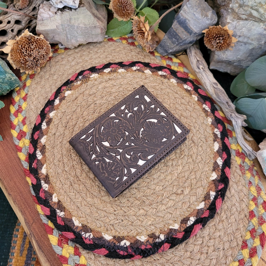 Trifold Wallet in Dark Brown with Ivory overlay by Red Dirt Hat.  23111881W1 Front View