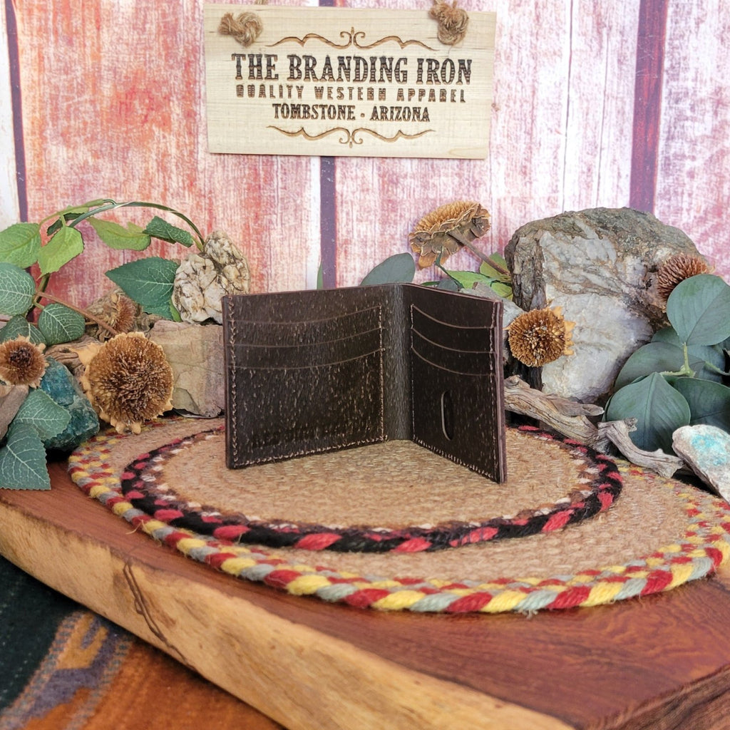 Trifold Wallet in Dark Brown with Ivory overlay by Red Dirt Hat.  23111881W1 Open View