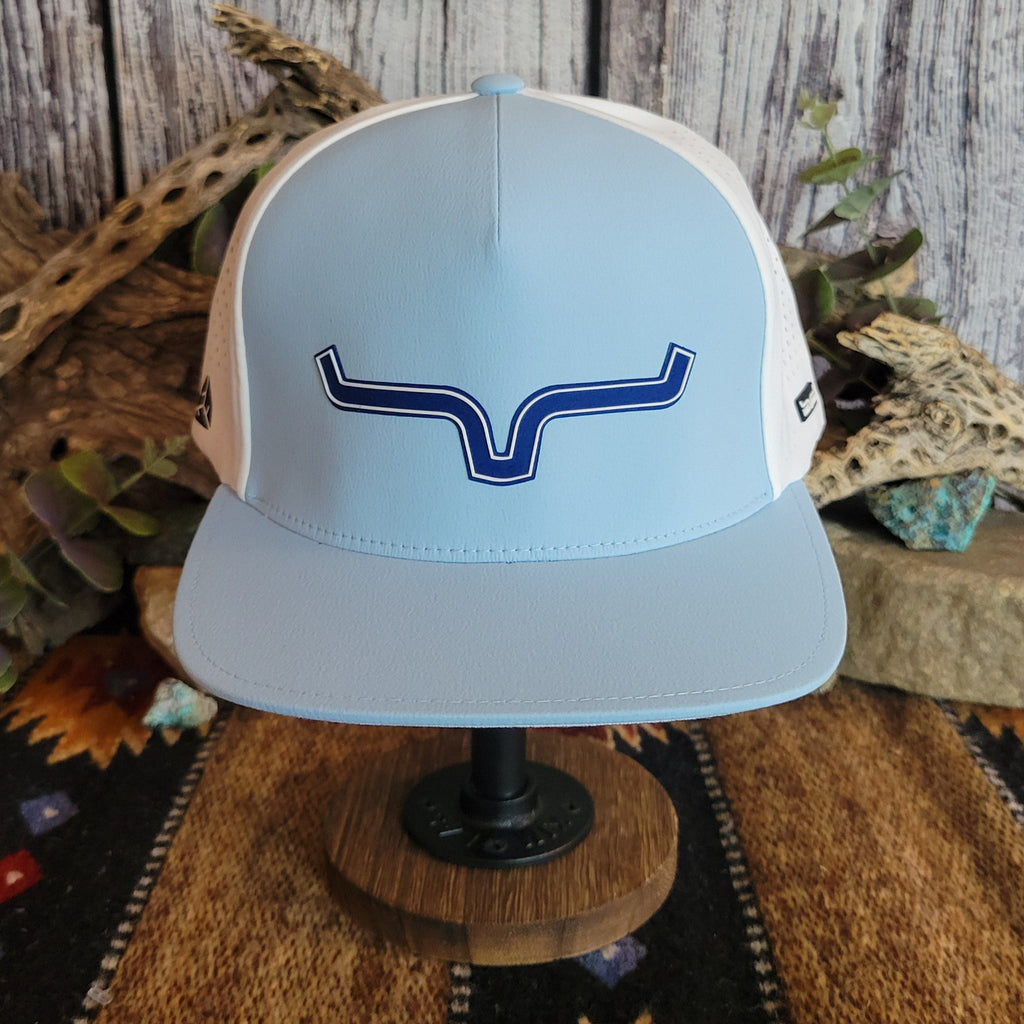 Light blue cap with a dark blue logo and white breathable fabric panel.