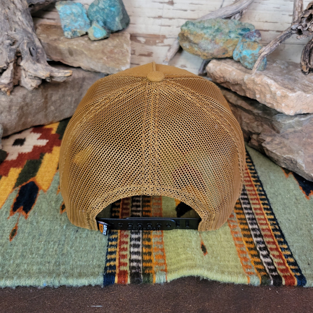 The back showcases the mesh panel and adjustable snap-back closure.