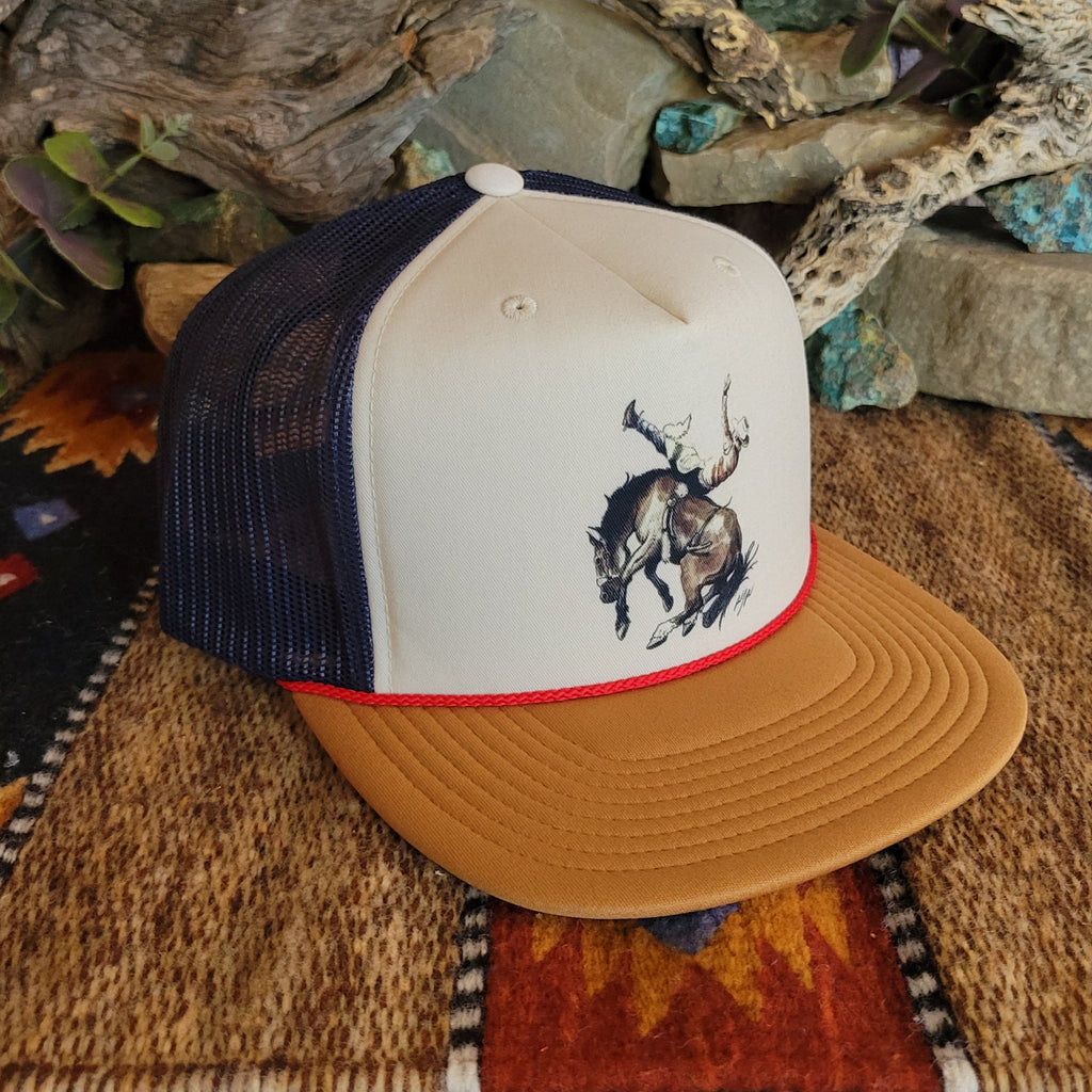 Tri-colored cap with a bucking horse logo on the front.
