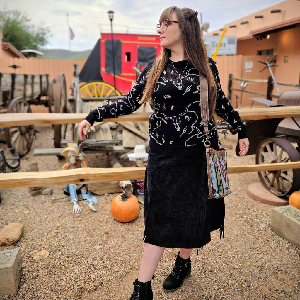 Women's Ainsley Black Crewneck Sweater with white steer skulls and cactus print by Outback Trading co. full pic