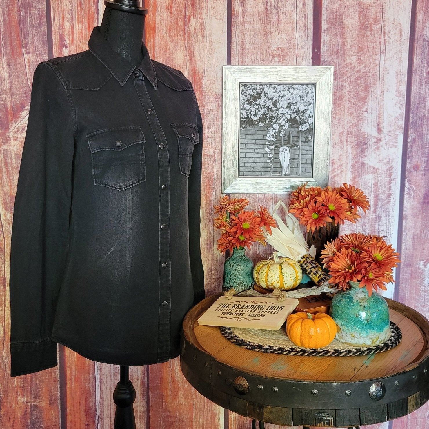 Women's Black Denim Long Sleeve Snap Shirt by Rock & Roll