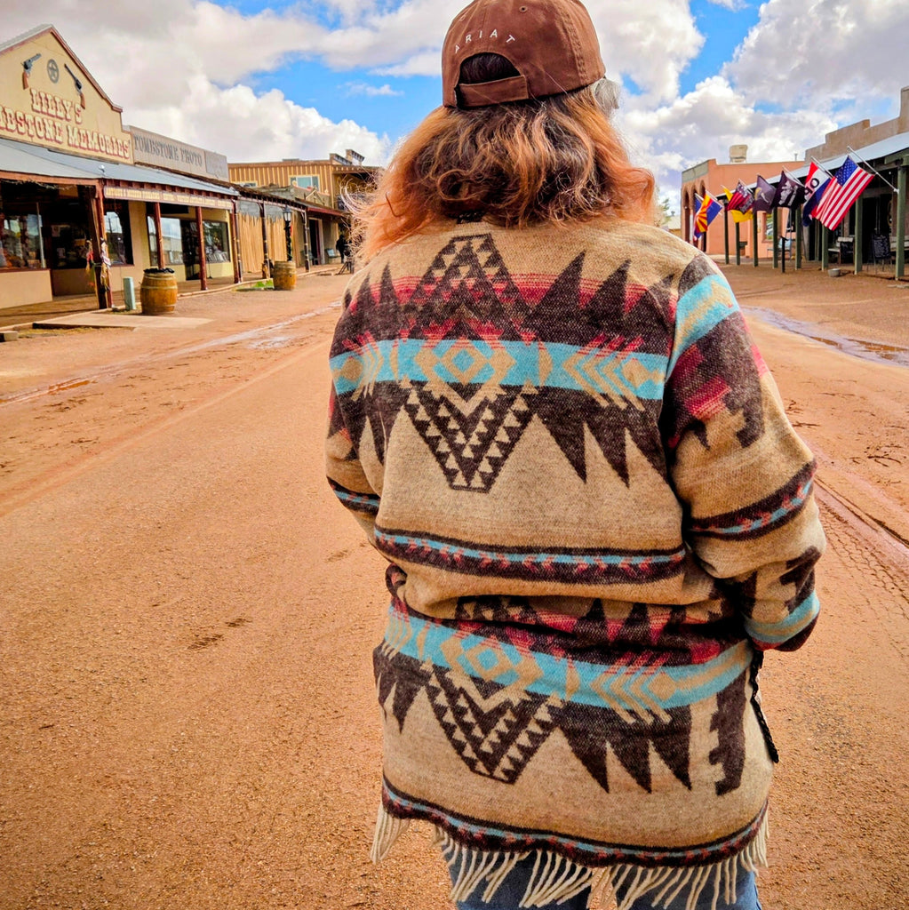 Women's Blanket Cardigan by Rhonda Stark on model, back view