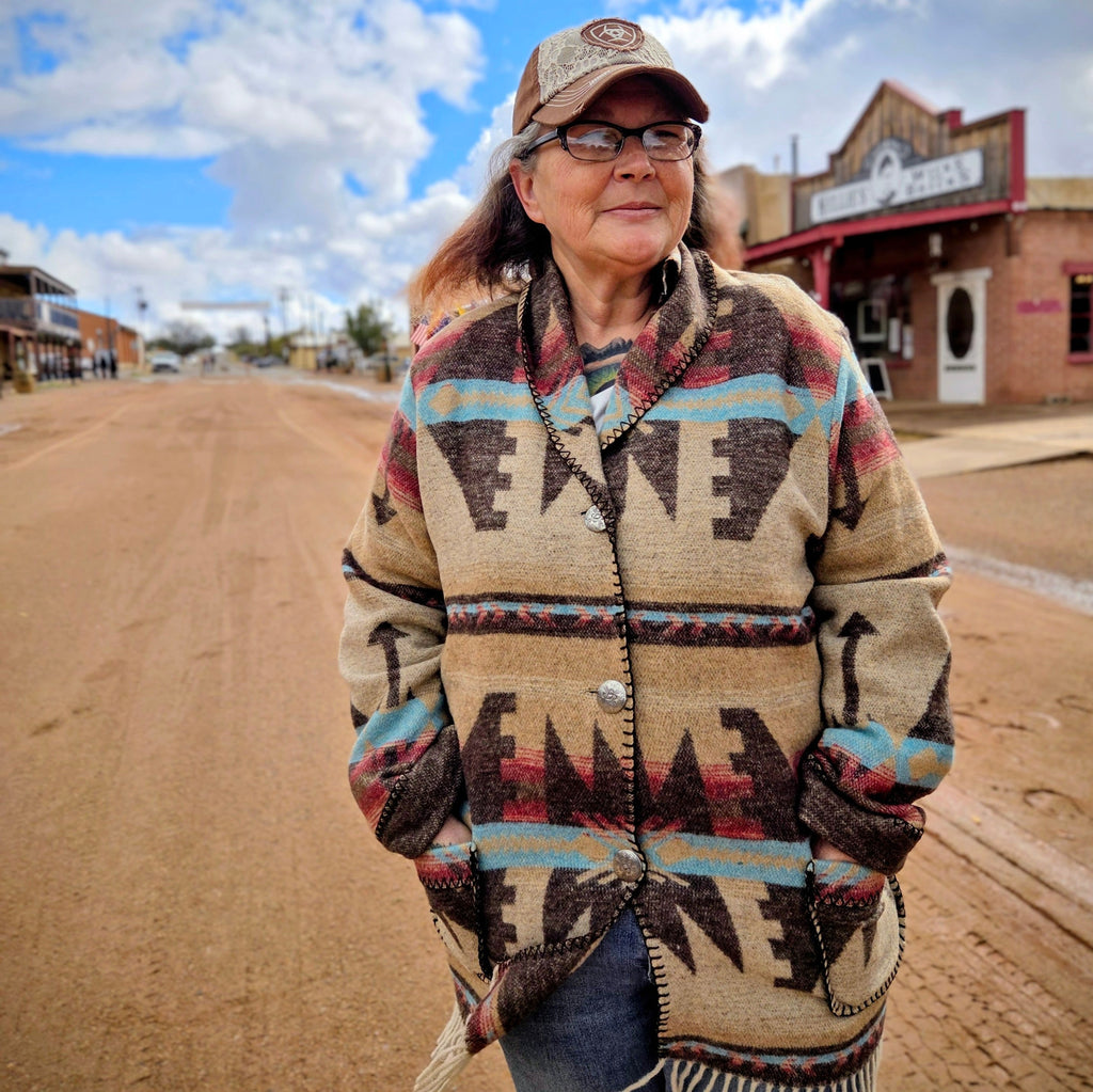 Women's Blanket Cardigan by Rhonda Stark on model in Tombstone, AZ