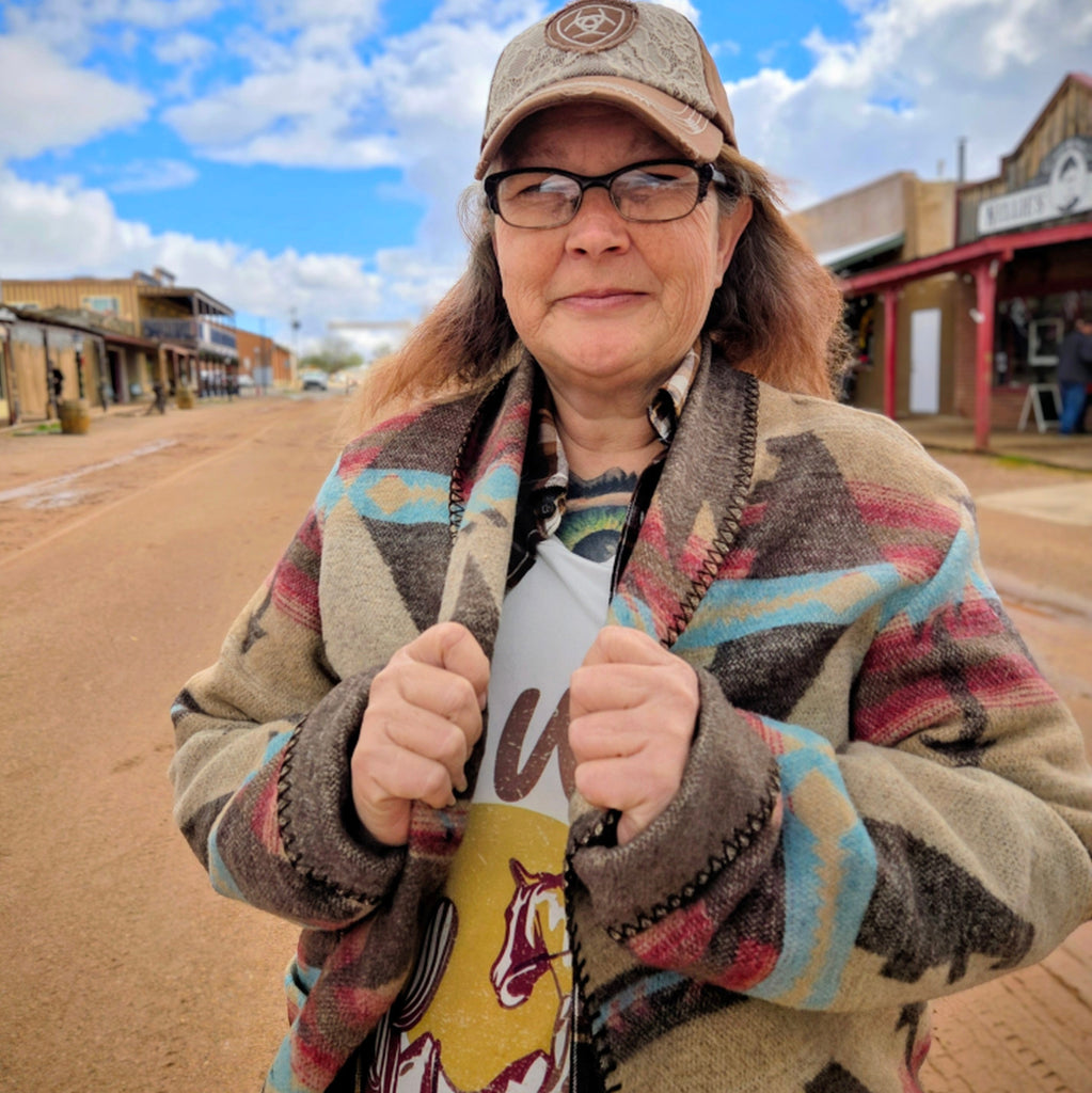Women's Blanket Cardigan by Rhonda Stark on model, close up