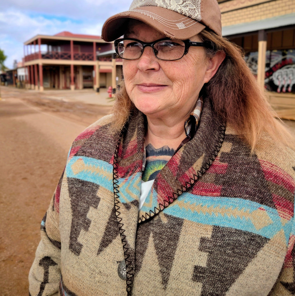 Wome's  Blanket Cardigan by Rhonda Stark on model  close up on collar