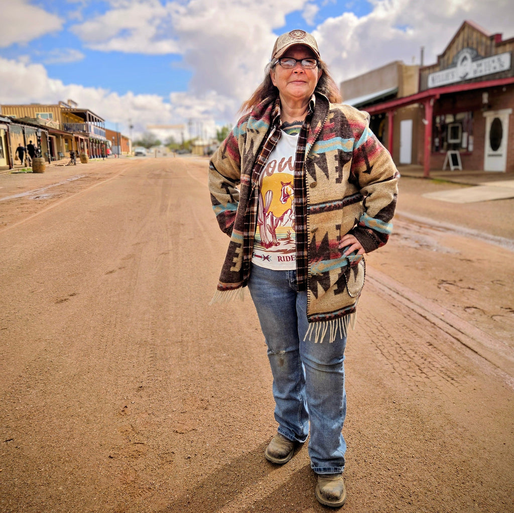Women's Blanket Cardigan by Rhonda Stark on model open, in Tombstone, AZ