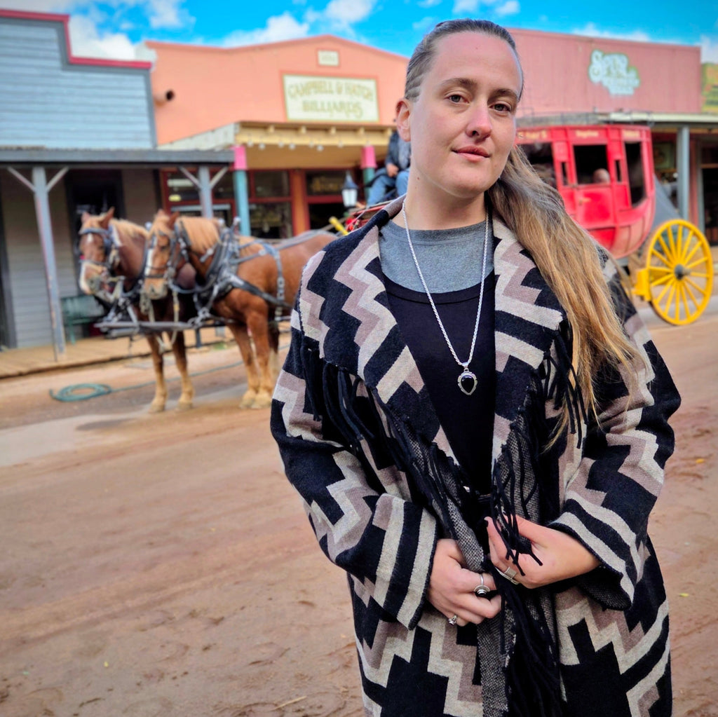 Women's Blanket Style "Barrel" Cardigan by Ariat  on model close up